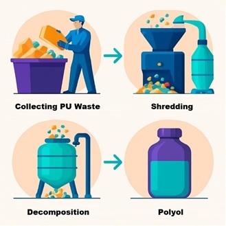 Collecting PU Waste Shredding Chemical Decomposition Recycled Polyol
